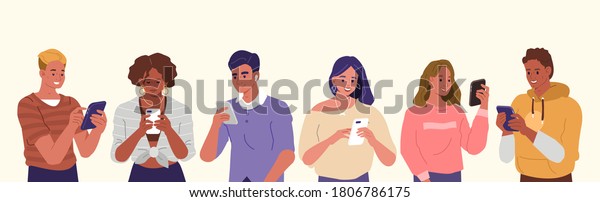 Young People Looking on\
Smartphones and Chatting. Happy Boys and Girls talking and typing\
on Phone. Female and Male Characters collection. Flat Cartoon\
Vector Illustration.