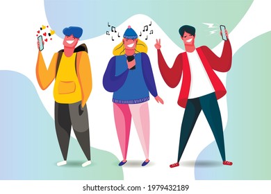 Young people are looking at the screen of a mobile phone. Social networks. Music. Like. Vector illustration in a modern style. For your design.