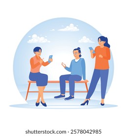 Young people looking at smartphones and chatting. They sit and stand outside the room. Concept of Young People Using Smartphones. Flat vector illustration.