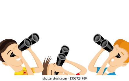 Young people looking through binoculars on a white background.