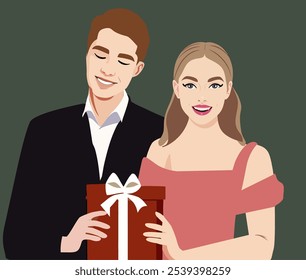 Young  people in love give boxes of gifts for Christmas and New Year. Flat isolated vector illustration. a loving couple gives each other gifts. Valentine's Day