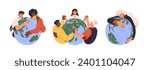 Young people love, hug planet set. Kids hold on hands, save, protect earth together. Girls and boys care about green globe. World ecology, environment. Flat isolated vector illustration on white