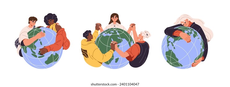 Young people love, hug planet set. Kids hold on hands, save, protect earth together. Girls and boys care about green globe. World ecology, environment. Flat isolated vector illustration on white