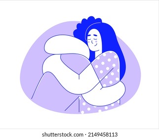 Young people in love are hugging. Warm embrace. Cute romantic illustration in flat style, outline. Isolated vector template, line art, minimal. Man hugs smiling happy girl. Boyfriend hugs girlfriend.