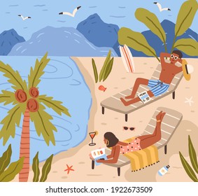 Young people lying on beach and sunbathing at sea resort. Happy man and woman resting and relaxing at seaside on summer holidays. Colored flat cartoon vector illustration of couple in tropic paradise