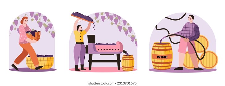 Young people make wine from grapes at home factory. Lady carry basket with berries. Girl pours grapes on special machine. Man holding hose and pouring grape juice. Flat vector