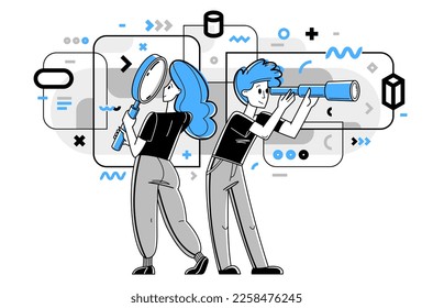 Young people making some inquiry and collecting data for analysis, vector outline illustration, exploration and research for business or science, self-education.