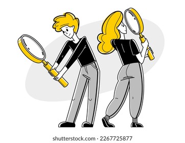 Young people making some inquiry and collecting data for analysis, vector outline illustration, exploration and research for business or science, self-education.