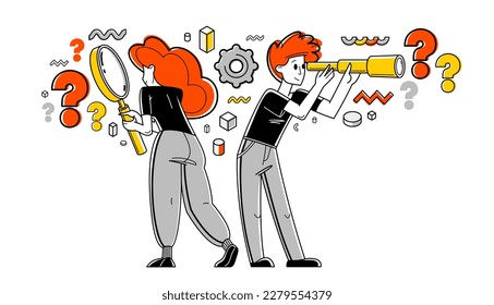 Young people making some inquiry and collecting data for analysis, vector outline illustration, exploration and research for business or science, answer the questions.