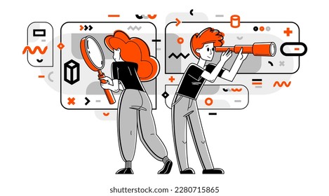 Junge Menschen, die etwas nachfragen und Daten für die Analyse sammeln, Vektorgrafik, Erforschung und Forschung für Wirtschaft oder Wissenschaft, Selbstbildung.