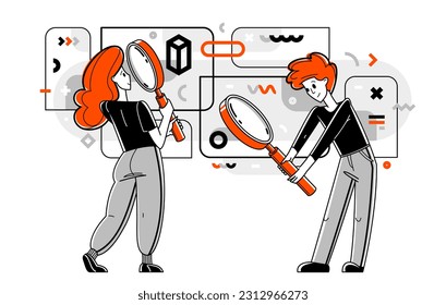 Young people making some inquiry and collecting data for analysis, vector outline illustration, exploration and research for business or science, self-education.