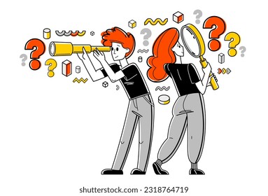 Los jóvenes que realizan algunas investigaciones y recopilan datos para el análisis, la ilustración de esquemas vectoriales, la exploración y la investigación para empresas o ciencias responden a las preguntas.