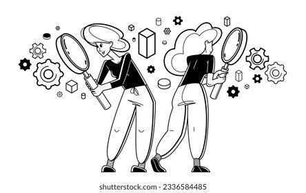 Young people making some inquiry and collecting data for analysis, vector outline illustration, exploration and research for business or science, self-education.