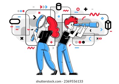 Los jóvenes realizan algunas investigaciones y recopilan datos para el análisis, la ilustración de esquemas vectoriales, la exploración y la investigación para empresas o ciencias, la autoeducación.