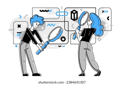 Young people making some inquiry and collecting data for analysis, vector outline illustration, exploration and research for business or science, self-education.