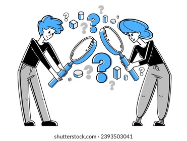 Los jóvenes que realizan algunas investigaciones y recopilan datos para el análisis, la ilustración de esquemas vectoriales, la exploración y la investigación para empresas o ciencias responden a las preguntas.