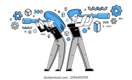 Young people making some inquiry and collecting data for analysis, vector outline illustration, exploration and research for business or science, self-education.