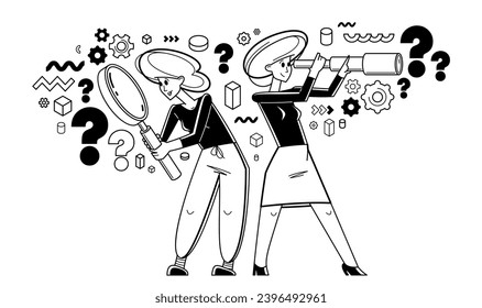 Young people making some inquiry and collecting data for analysis, vector outline illustration, exploration and research for business or science, answer the questions.