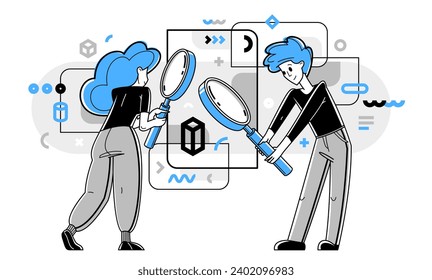 Los jóvenes realizan algunas investigaciones y recopilan datos para el análisis, la ilustración de esquemas vectoriales, la exploración y la investigación para empresas o ciencias, la autoeducación.