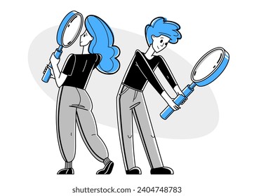 Young people making some inquiry and collecting data for analysis, vector outline illustration, exploration and research for business or science, self-education.