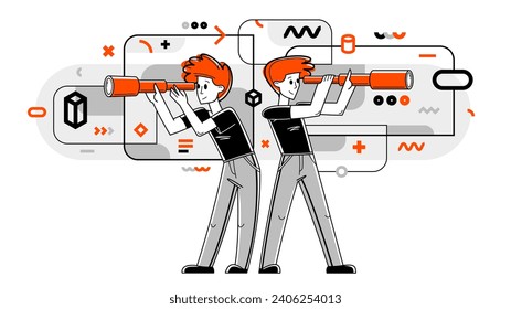 Young people making some inquiry and collecting data for analysis, vector outline illustration, exploration and research for business or science, self-education.