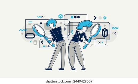 Jóvenes haciendo alguna investigación y recolectando datos para análisis, ilustración de esquema de Vector, exploración e investigación para negocios o ciencia, autoeducación.