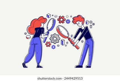 Jóvenes haciendo alguna investigación y recolectando datos para análisis, ilustración de esquema de Vector, exploración e investigación para negocios o ciencia, autoeducación.