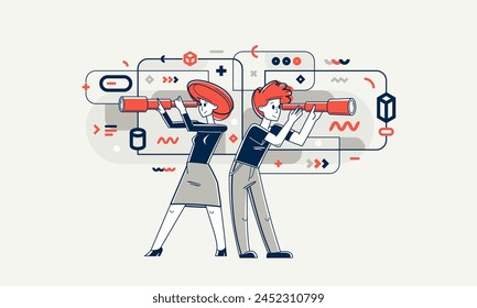 Jóvenes haciendo alguna investigación y recolectando datos para análisis, ilustración de esquema de Vector, exploración e investigación para negocios o ciencia, autoeducación.