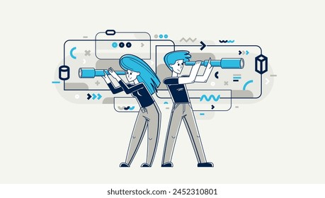 Young people making some inquiry and collecting data for analysis, vector outline illustration, exploration and research for business or science, self-education.