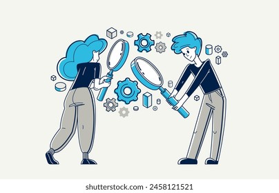 Jóvenes haciendo alguna investigación y recolectando datos para análisis, ilustración de esquema de Vector, exploración e investigación para negocios o ciencia, autoeducación.
