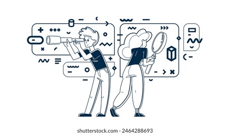 Young people making some inquiry and collecting data for analysis, vector outline illustration, exploration and research for business or science, self-education.
