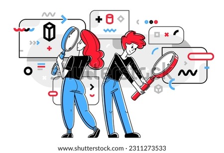 Young people making some inquiry and collecting data for analysis, vector outline illustration, exploration and research for business or science, self-education.