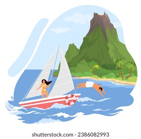 Young people, male and female couple yachting together nearby tropical seaside vector illustration. Aquatic adventure, water extreme sport activity during summer vacation time