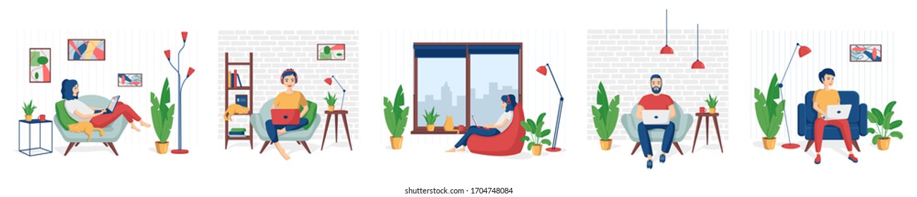 Young people, man and woman freelancers working on laptops at home.Concept vector illustration in a flat cartoon style remote working at home,  programming, distance learning.Set of quarantined people