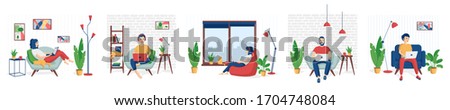 Young people, man and woman freelancers working on laptops at home.Concept vector illustration in a flat cartoon style remote working at home,  programming, distance learning.Set of quarantined people