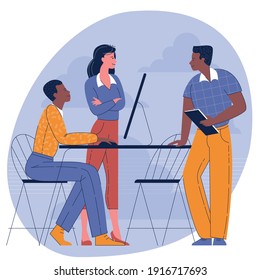 Young people, man and woman taking part in business meeting, negotiation, talking to each other in the office. Flat design vector concept of diversity and multycultural teamwork.