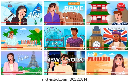 Young people man and woman travel bloggers. Set of video interview about tour to different countries. Screensaver of video for vlog or cocial media. Online tour or educational television project