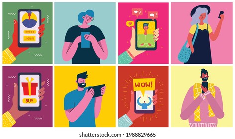 Young people man and woman using technology gadget smartphone mobile phone tablet pc laptop computer in social network communication concept flat design 