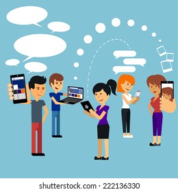 Young people man and woman using technology gadget smartphone mobile phone tablet pc laptop computer in social network communication concept flat design cartoon style with copyspace