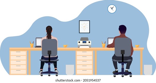 young people man and woman working on laptops at office back view concept vector illustration programming distance learning