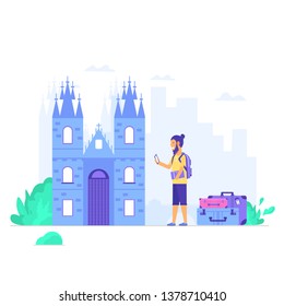 Young people with map, bag and baggage. Old and famous Church of Our Lady. Czech architecture city symbol of Czech Republic. Travel banner. Vector illustration isolated on white background