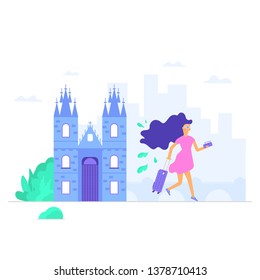 Young people with map, bag and baggage. Old and famous Church of Our Lady. Czech architecture city symbol of Czech Republic. Travel banner. Vector illustration isolated on white background