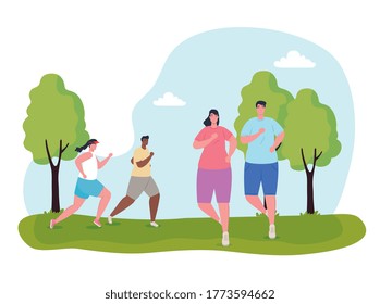 young people marathoners running sportive, women and men, run competition or marathon race poster, healthy lifestyle and sport vector illustration design