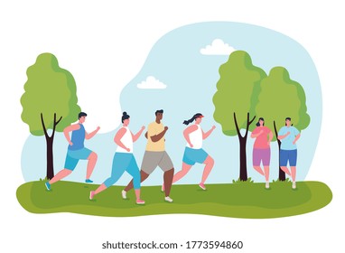 young people marathoners running sportive, women and men, run competition or marathon race poster, healthy lifestyle and sport vector illustration design
