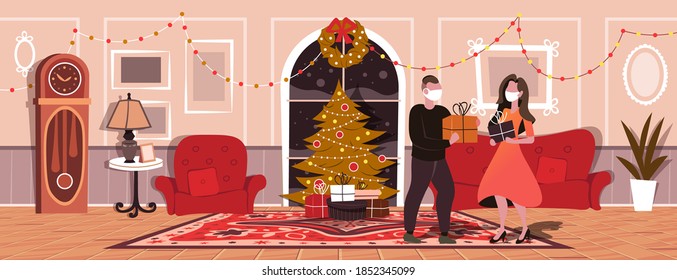 Young people in masks give gifts to each other.  New year Christmas holidays celebration concept living room interior horizontal. Christmas presents buying flat vector illustration. Winter season holi
