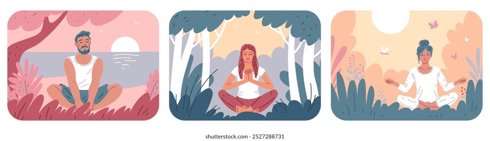 Junge Leute meditieren in einer Lotuspose in der Natur. Cartoon ruhige Person tun Yoga auf Sommer Blumenkulisse Vektor flache Illustrationen Set. Yoga, Meditation, Erholung, gesundes Lifestyle-Konzept