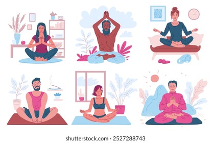 Junge Leute, die in Lotus meditieren, posieren in der Natur oder zu Hause. Cartoon ruhige Person tun Yoga. Vektorgrafiken für Yoga, Meditation, Entspannung, Erholung, gesunde Lebensweise