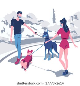 Young people meet and get acquainted with their pets while walking in the park. Walking masked people to protect themselves from the COVID-19 virus outdoors, cartoon character in flat design vector 