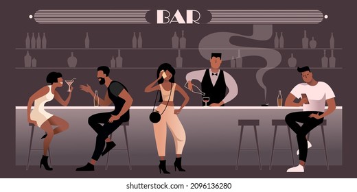 Young People Meet In A Night Bar. Vector Illustration For Landing Page Mockup Or Flat Design Advertising Banner.