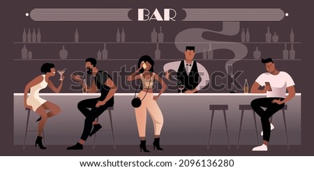 Young people meet in a night bar. Vector illustration for landing page mockup or flat design advertising banner.
